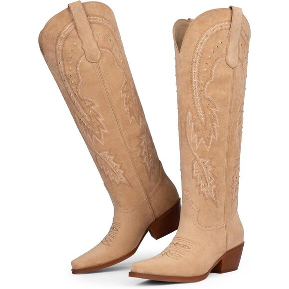 Women's Tan Knee High Rhinestone Cowgirl Boots Pointed Toe Slip on Chunky Heel - Picture 2 of 6